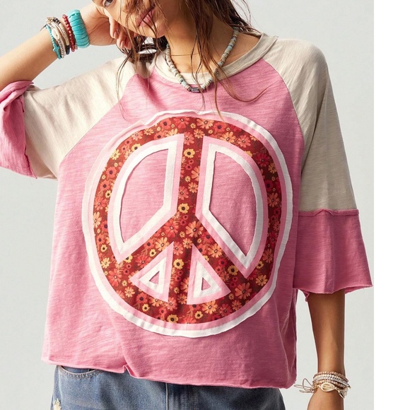 Boho Color block Floral print Peace Patchwork Loose Fit Top - Picture 1 of 5